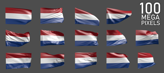 a lot of different realistic renders of Netherlands flag isolated on grey background - 3D illustration of object