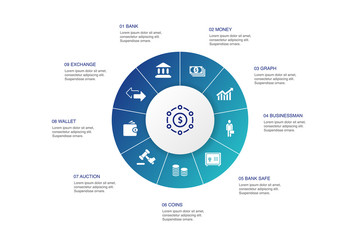 Finance Infographic 10 steps circle design.Bank, Money, Graph, Exchange icons