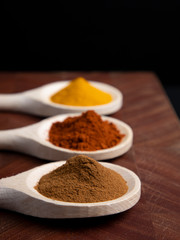 Turmeric, nutmeg and paprika arranged on wooden spoons