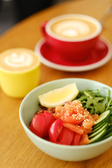 healthy breakfast in the cafe. poke and coffee
