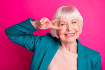 Close-up portrait of her she nice attractive cheerful cheery funky gray-haired lady wearing blue...