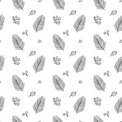 Vector Christmas minimalist monoline scandinavian seamless pattern new year fir tree and leaves. Winter doodle xmas background for children holiday textile, wallpaper