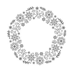 Christmas monoline vector wreath with cone branches, snowflakes and berries with place for text. Isolated xmas illustration for greeting card, poster and web