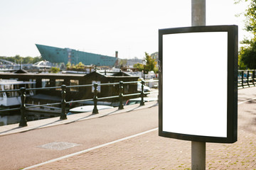 Blank sign on the streets of a Amsterdam city, copy space