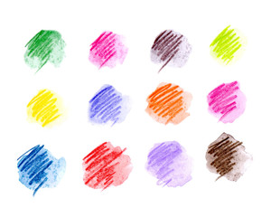 Color palette of watercolor pencils, consisting of watercolor samples of different shades. Hand drawing illustration isolated on white background.