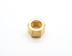 Close up Brass Nut on white background.