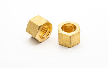 Close up Brass Nut on white background.
