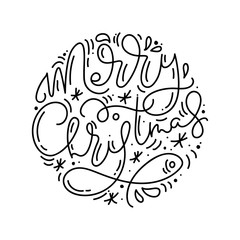 Merry Christmas calligraphic hand written monoline text. Xmas holidays lettering for greeting card, poster, modern winter season postcard, brochure, wall art design