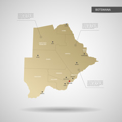 Stylized vector Botswana map.  Infographic 3d gold map illustration with cities, borders, capital, administrative divisions and pointer marks, shadow; gradient background.