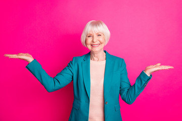 Portrait of her she nice-looking attractive lovely cheerful cheery confident gray-haired lady...