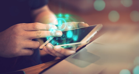 businessman and smartphone mobile with social network technology with lifestyle office concept, data deep learning ai robotic, system and hacker online security privacy