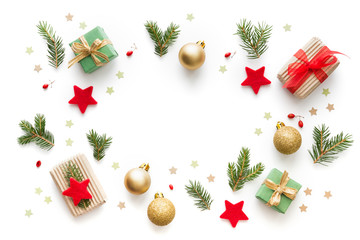 Christmas Background With Small Christmas Gifts, Balls, Stars And Pine Twigs