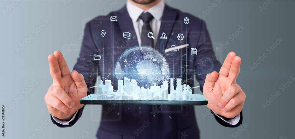 Aufkleber businessman holding smart city user interface with icon, stats and data 3d rendering