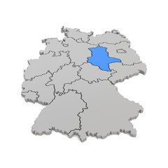 3d Illustation - Deutschlandkarte in grau mit Fokus auf Sachsen-Anhalt in blau - 16 Bundesländer