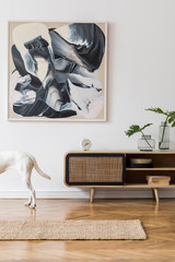 Scandinavian and design home interior of living room with wooden commode, books, plants and elegant accessories. Stylish home decor. Template. Mock up poster paintings. Dog's standing on the carpet. 