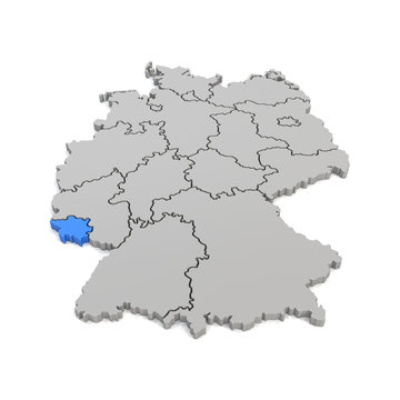 3d Illustation - Deutschlandkarte in grau mit Fokus auf Saarland in blau - 16 Bundesländer