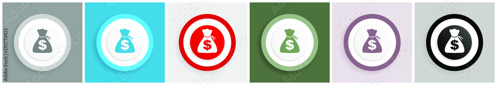 Poster money icon set, colorful flat design vector illustrations in 6 options for web design and mobile app