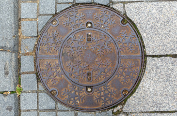 Rusty manhole cap, grunge manhole cover, round