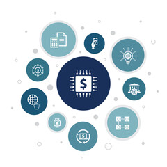 fintech Infographic 10 steps pixel design.finance, technology, blockchain, innovation icons