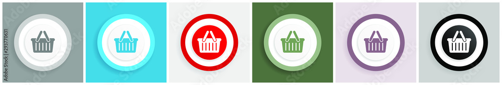Aufkleber shop basket icon set, colorful flat design vector illustrations in 6 options for web design and mobi