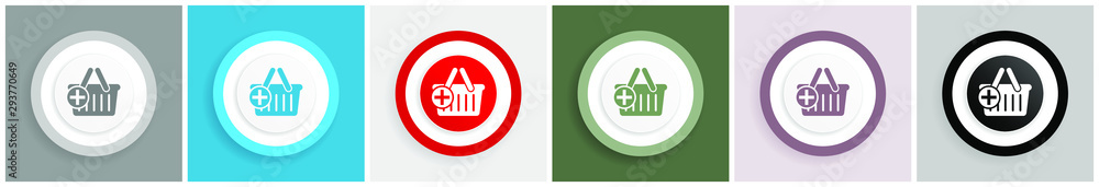 Aufkleber shop basket icon set, colorful flat design vector illustrations in 6 options for web design and mobi