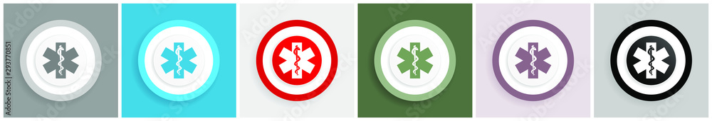Poster emergency icon set, colorful flat design vector illustrations in 6 options for web design and mobile