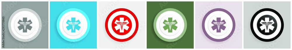 Poster emergency icon set, colorful flat design vector illustrations in 6 options for web design and mobile