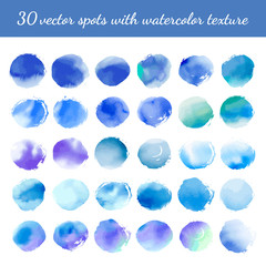 Collection of creative blue spots with watercolor texture. Stock vector set. Can be used for watercolor brushes. Abstract marine background. Hand drawn decorative elements. Water, sea, ocean, sky. 
