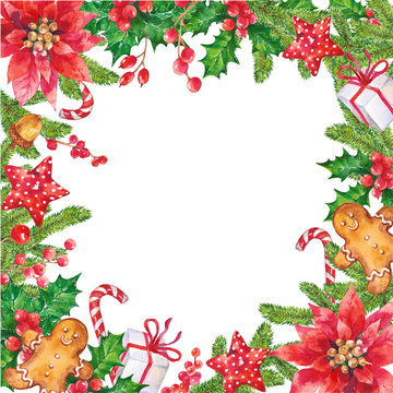 Christmas decoration frame with red flowers, berries, stars, gingerbread and candy. Watercolor hand painted illustration on white background