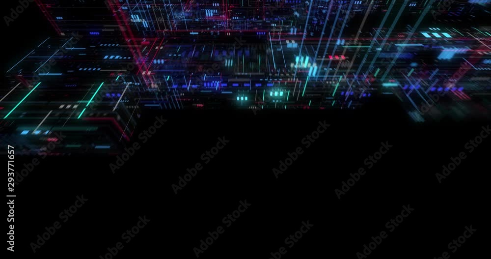 Poster seamless fly through of abstract circuitry with digital grid background, data deep learning computer