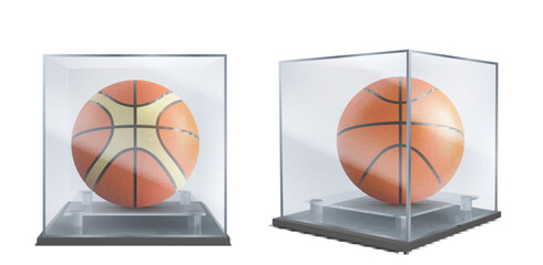 Fototapeta premium Basketball balls under glass cases front, side view 3d realistic vector isolated on white background. Sport inventory shop showcase, basketball team historical museum exhibition showpiece illustration