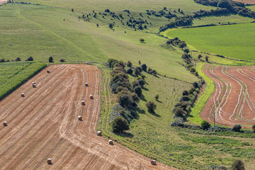 Fototapeta premium Looking down from a hill at a Sussex farm landscape in late summer