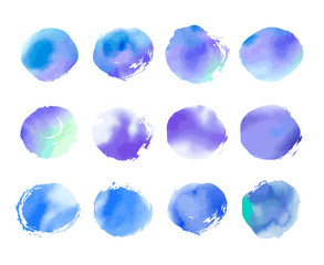 Collection of creative blue spots with watercolor texture. Stock vector set. Can be used for watercolor brushes. Abstract marine background. Hand drawn decorative elements. Water, sea, ocean, sky. 