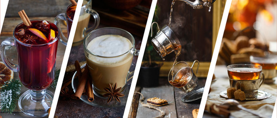 Collage of photos of hot winter drinks. Tea, latte, coffee, mulled wine