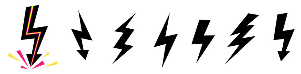 Vector set icons black Lightning bolt. collection of Thunder Icons with lightning. Electricity danger thunder. Lighting Flash isolated.