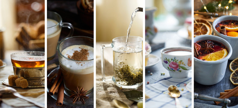 Collage of photos of hot winter drinks. Tea, latte, coffee, mulled wine
