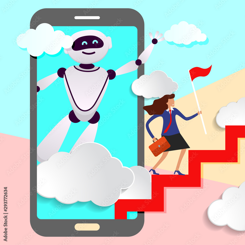 Poster robot assistant in business from screen of mobile device prompts head direction for movement to succ