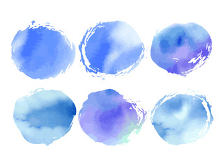 Collection of creative blue spots with watercolor texture. Stock vector set. Can be used for watercolor brushes. Abstract marine background. Hand drawn decorative elements. Water, sea, ocean, sky.  - 293772870