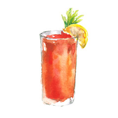 Alcohol drink Bloody Mary cocktail in glass. Watercolor illustration isolated on white background