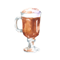 Drink cocktail Irish coffee in glass. Watercolor illustration isolated on white background