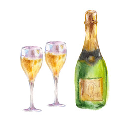 Champagne bottle with crystal glasses with wine. Watercolor illustration on white background