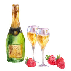 Champagne bottle with crystal glasses with wine and strawberries. Watercolor illustration on white background