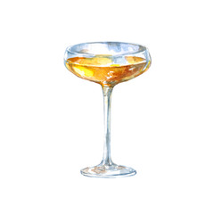 Champagne glass with wine. Watercolor illustration isolated on white background