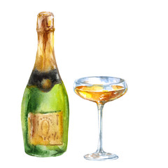 Champagne bottle with crystal glasses with wine. Watercolor illustration on white background