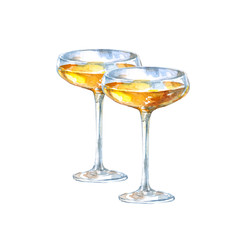 Champagne glass with wine. Watercolor illustration isolated on white background