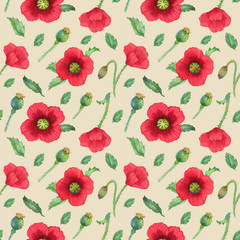 Red poppies with green leaves, hand painted watercolor flower seamless background