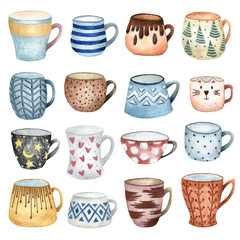 Set of cute hand-drawn watercolor cups. A cozy illustration for a postcard. A mug with a cat, polka-dot, on Valentine's Day, polka dot, embroidered. Winter, New Year, Christmas illustration.