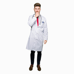 Young handsome doctor man wearing medical coat looking confident at the camera with smile with crossed arms and hand raised on chin. Thinking positive.