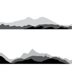 Vector silhouettes of the mountains, black and grey color on the white background. Set of outdoor design elements, border of rocky mountains