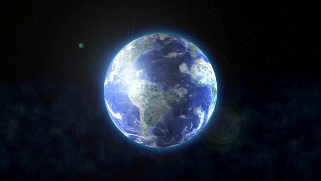 Planet Earth from space rotation approximation in motion, glare of light, realistic animation
